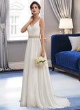 Reyna A-Line V-neck Sweep Train Chiffon Wedding Dress With Ruffle Lace Beading Sequins UKP0013705