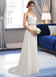 Reyna A-Line V-neck Sweep Train Chiffon Wedding Dress With Ruffle Lace Beading Sequins UKP0013705