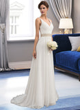 Reyna A-Line V-neck Sweep Train Chiffon Wedding Dress With Ruffle Lace Beading Sequins UKP0013705