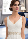 Reyna A-Line V-neck Sweep Train Chiffon Wedding Dress With Ruffle Lace Beading Sequins UKP0013705