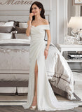 Riya Sheath/Column Off-the-Shoulder Sweep Train Stretch Crepe Wedding Dress With Ruffle Split Front UKP0013707