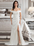 Riya Sheath/Column Off-the-Shoulder Sweep Train Stretch Crepe Wedding Dress With Ruffle Split Front UKP0013707