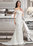 Riya Sheath/Column Off-the-Shoulder Sweep Train Stretch Crepe Wedding Dress With Ruffle Split Front UKP0013707