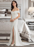 Riya Sheath/Column Off-the-Shoulder Sweep Train Stretch Crepe Wedding Dress With Ruffle Split Front UKP0013707