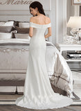 Riya Sheath/Column Off-the-Shoulder Sweep Train Stretch Crepe Wedding Dress With Ruffle Split Front UKP0013707