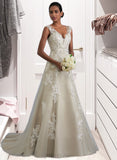 Kierra A-Line V-neck Court Train Tulle Lace Wedding Dress With Beading Sequins UKP0013709