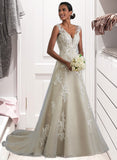 Kierra A-Line V-neck Court Train Tulle Lace Wedding Dress With Beading Sequins UKP0013709