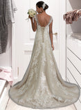 Kierra A-Line V-neck Court Train Tulle Lace Wedding Dress With Beading Sequins UKP0013709