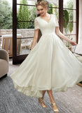 Jaycee A-Line V-neck Asymmetrical Wedding Dress With Lace UKP0013712