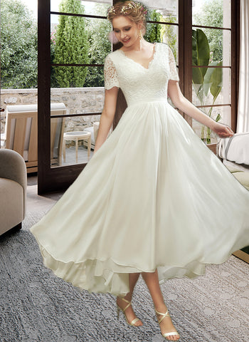 Jaycee A-Line V-neck Asymmetrical Wedding Dress With Lace UKP0013712