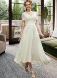 Jaycee A-Line V-neck Asymmetrical Wedding Dress With Lace UKP0013712