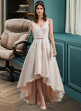 Kaitlynn A-Line V-neck Asymmetrical Tulle Lace Wedding Dress With Bow(s) UKP0013717