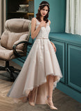 Kaitlynn A-Line V-neck Asymmetrical Tulle Lace Wedding Dress With Bow(s) UKP0013717