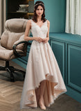 Kaitlynn A-Line V-neck Asymmetrical Tulle Lace Wedding Dress With Bow(s) UKP0013717