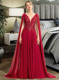 Adrienne A-Line V-neck Floor-Length Chiffon Wedding Dress With Sequins UKP0013718