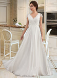 Elsie A-Line V-neck Floor-Length Chiffon Lace Wedding Dress With Ruffle UKP0013729