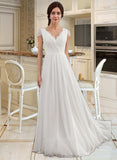 Elsie A-Line V-neck Floor-Length Chiffon Lace Wedding Dress With Ruffle UKP0013729