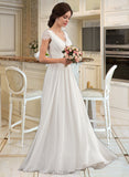 Elsie A-Line V-neck Floor-Length Chiffon Lace Wedding Dress With Ruffle UKP0013729