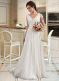 Elsie A-Line V-neck Floor-Length Chiffon Lace Wedding Dress With Ruffle UKP0013729