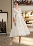 Elyse Ball-Gown/Princess V-neck Tea-Length Tulle Wedding Dress UKP0013731