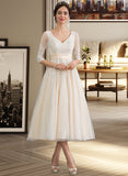 Elyse Ball-Gown/Princess V-neck Tea-Length Tulle Wedding Dress UKP0013731