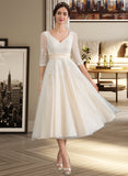 Elyse Ball-Gown/Princess V-neck Tea-Length Tulle Wedding Dress UKP0013731