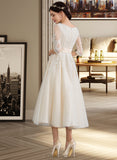 Elyse Ball-Gown/Princess V-neck Tea-Length Tulle Wedding Dress UKP0013731