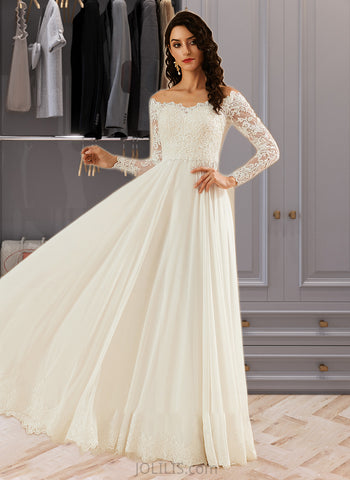 Edith A-Line Off-the-Shoulder Sweep Train Wedding Dress With Lace UKP0013734