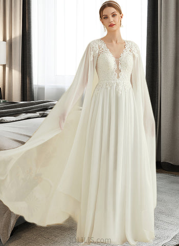 Mireya A-Line V-neck Floor-Length Chiffon Lace Wedding Dress With Sequins UKP0013736