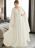 Mireya A-Line V-neck Floor-Length Chiffon Lace Wedding Dress With Sequins UKP0013736