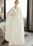 Mireya A-Line V-neck Floor-Length Chiffon Lace Wedding Dress With Sequins UKP0013736