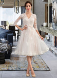 Taniya A-Line V-neck Knee-Length Tulle Wedding Dress With Bow(s) UKP0013737