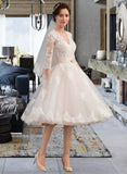 Taniya A-Line V-neck Knee-Length Tulle Wedding Dress With Bow(s) UKP0013737