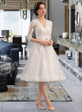 Taniya A-Line V-neck Knee-Length Tulle Wedding Dress With Bow(s) UKP0013737