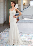 Lexie Trumpet/Mermaid V-neck Court Train Lace Stretch Crepe Wedding Dress With Sequins UKP0013738