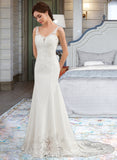 Lexie Trumpet/Mermaid V-neck Court Train Lace Stretch Crepe Wedding Dress With Sequins UKP0013738