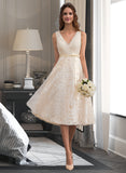 Catalina A-Line V-neck Knee-Length Lace Wedding Dress With Bow(s) UKP0013739