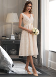 Catalina A-Line V-neck Knee-Length Lace Wedding Dress With Bow(s) UKP0013739