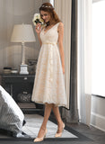 Catalina A-Line V-neck Knee-Length Lace Wedding Dress With Bow(s) UKP0013739