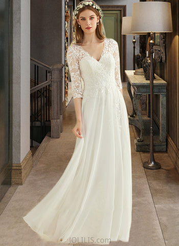 Susie A-Line V-neck Floor-Length Chiffon Lace Wedding Dress UKP0013745