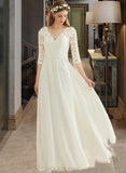 Susie A-Line V-neck Floor-Length Chiffon Lace Wedding Dress UKP0013745