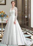 Elaine Ball-Gown/Princess V-neck Court Train Satin Wedding Dress With Bow(s) UKP0013746