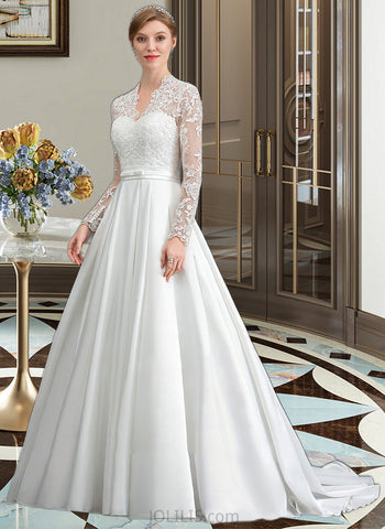 Elaine Ball-Gown/Princess V-neck Court Train Satin Wedding Dress With Bow(s) UKP0013746