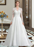 Elaine Ball-Gown/Princess V-neck Court Train Satin Wedding Dress With Bow(s) UKP0013746