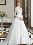 Elaine Ball-Gown/Princess V-neck Court Train Satin Wedding Dress With Bow(s) UKP0013746