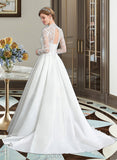 Elaine Ball-Gown/Princess V-neck Court Train Satin Wedding Dress With Bow(s) UKP0013746