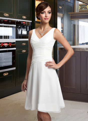 Cristal A-Line V-neck Knee-Length Chiffon Wedding Dress With Ruffle Beading Sequins UKP0013752