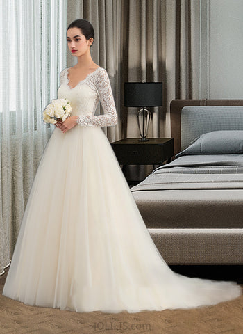 Jaycee Ball-Gown/Princess V-neck Court Train Tulle Lace Wedding Dress UKP0013756