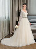 Jaycee Ball-Gown/Princess V-neck Court Train Tulle Lace Wedding Dress UKP0013756