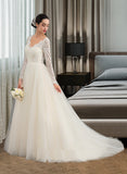 Jaycee Ball-Gown/Princess V-neck Court Train Tulle Lace Wedding Dress UKP0013756